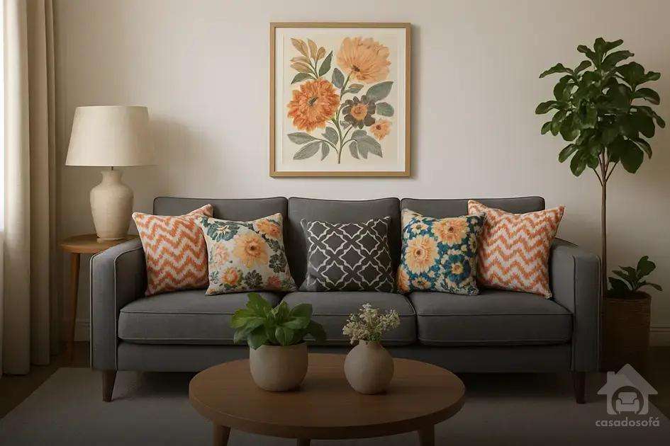 Misturando padrões com sofá cinza
