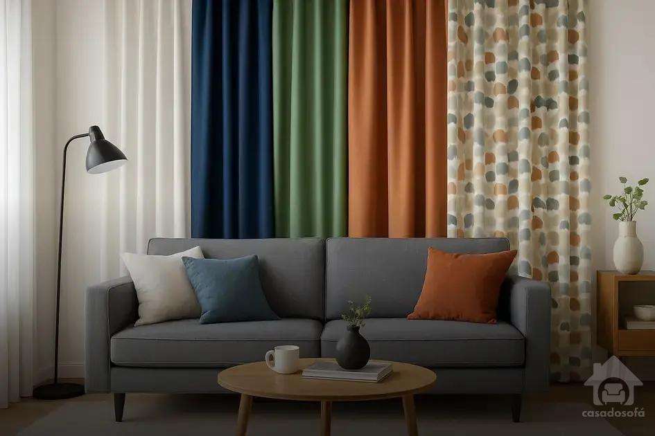 Cortinas que se destacam com sofá cinza