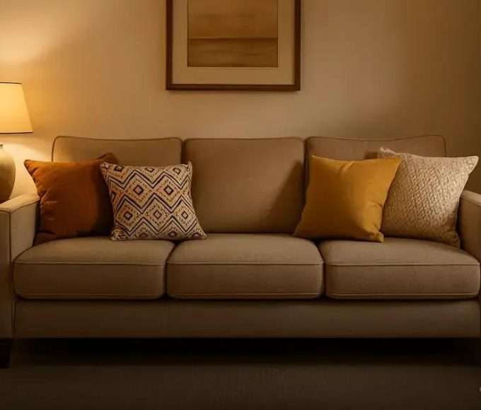 Sofá 3 Lugares Beny 180cm Linho Bege Fixo Moderno Com Almofadas Decorativas