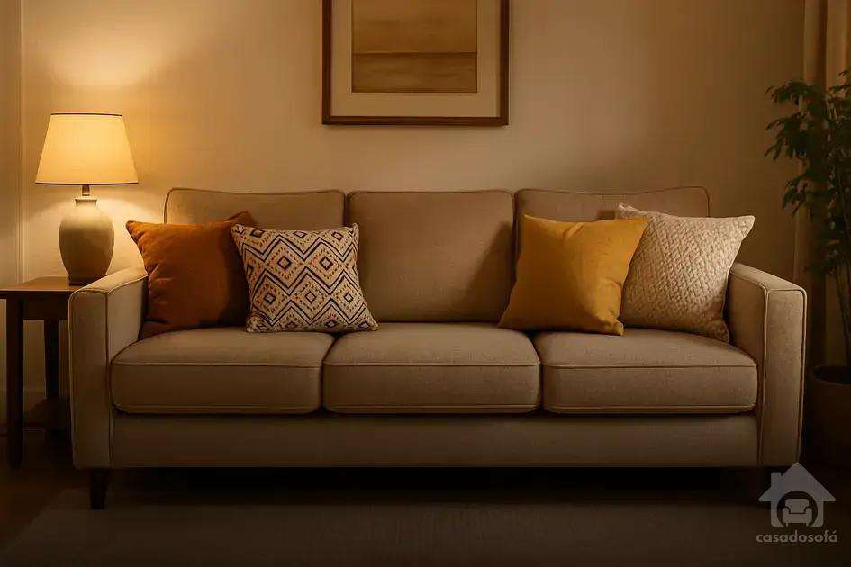 Sofá 3 Lugares Beny 180cm Linho Bege Fixo Moderno Com Almofadas Decorativas
